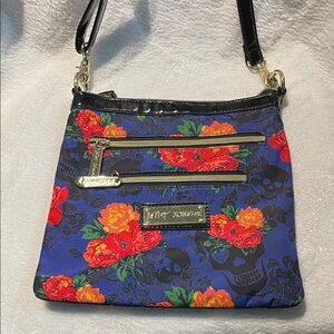 Betsey Johnson Skull and Floral Crossbody Bag - Blue and Black